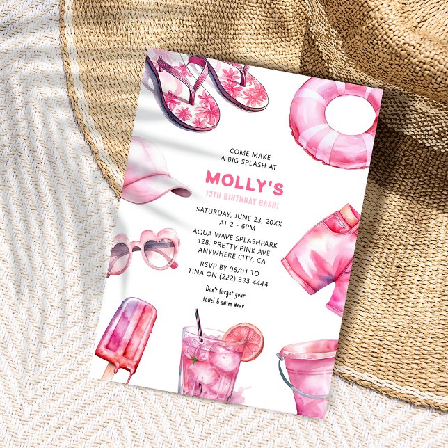 Convites Aniversário das Meninas de Verão Rosa bonito (Criador carregado)