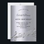 Convites Aniversário das notas de música prateada<br><div class="desc">Uma moda,  40ª moderna,  ou qualquer convite de aniversário etário. Um fundo com aparência falsa de prata,  com notas musicais,  letras negras coloridas. Personalize e adicione um nome e informações da parte. Para ele e para ela.</div>
