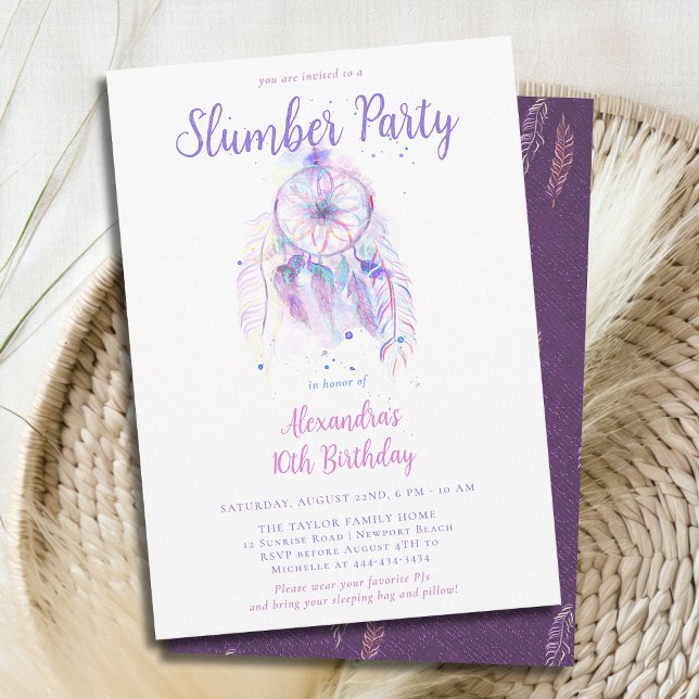 Convites Aniversário das Roxas do Sonho Capturador (girls slumber party invitation birthday pj sleep over dream catcher pink purple watercolor feathers )