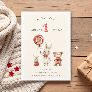 Convites Aniversário de 1º "Cute watercolor Bunny Bear"