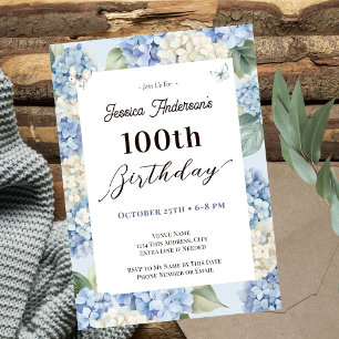 Convites Aniversário de 100 anos Blue Hydrangea Adult Garde