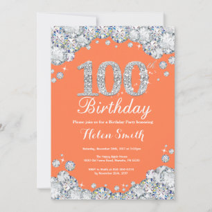Convites Aniversário de 100 anos Coral Prata Diamante