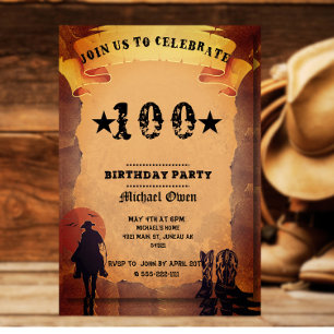 Convites aniversário de 100 anos cowboy velho papel cavalga