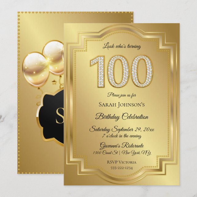 Convites Aniversário de 100 anos de Ouro & Diamantes (Frente/Verso)