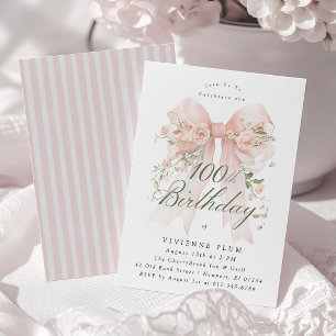 Convites Aniversário de 100 anos Elegante Aquarela Rosa Flo