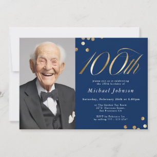 Convites Aniversário de 100 anos elegante em azul marinho e