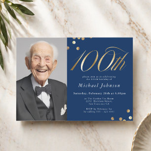 Convites Aniversário de 100 anos elegante em azul marinho e