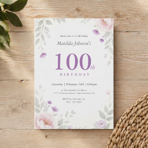 Convites Aniversário de 100 anos Elegante Floral Salvia Rox
