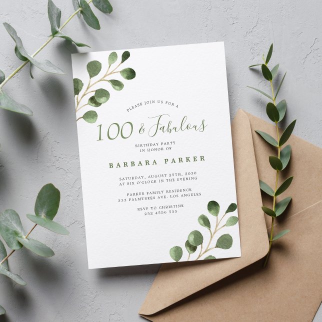 Convites aniversário de 100 anos eucalipto festa simples e  (Criador carregado)