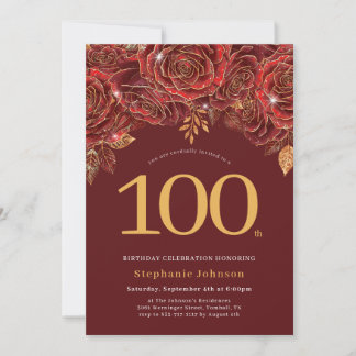 Convites Aniversário de 100 anos Floral Elegante Dourado Bo