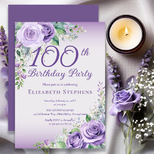 Convites Aniversário de 100 anos Floral Lavanda Roxa Elegan