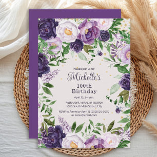 Convites Aniversário de 100 anos Floral Lavanda Roxa Elegan