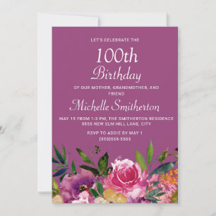 Convites Aniversário de 100 anos Floral Rosa Roxo Amarelo