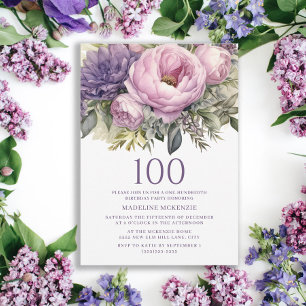 Convites Aniversário de 100 anos Floral Roxo Elegante