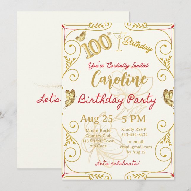 Convites Aniversário de 100 anos Marco Elegante (Frente/Verso)