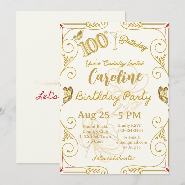 Convites Aniversário de 100 anos Marco Elegante (Frente/Verso)