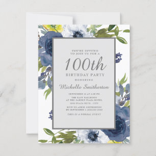 Convites Aniversário de 100 anos Navy Amarelo Branco Floral
