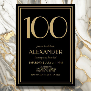 Convites Aniversário de 100 anos Preto e Dourado Moderno Mi