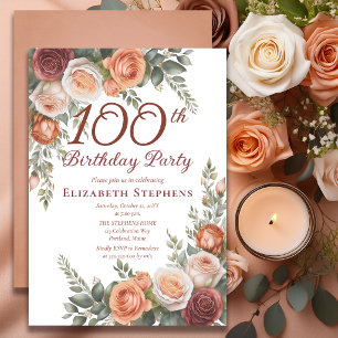Convites Aniversário de 100 anos Rosa Floral Terracota Rust