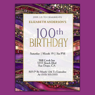 Convites Aniversário de 100 anos Roxo Dourado Joias Strata 