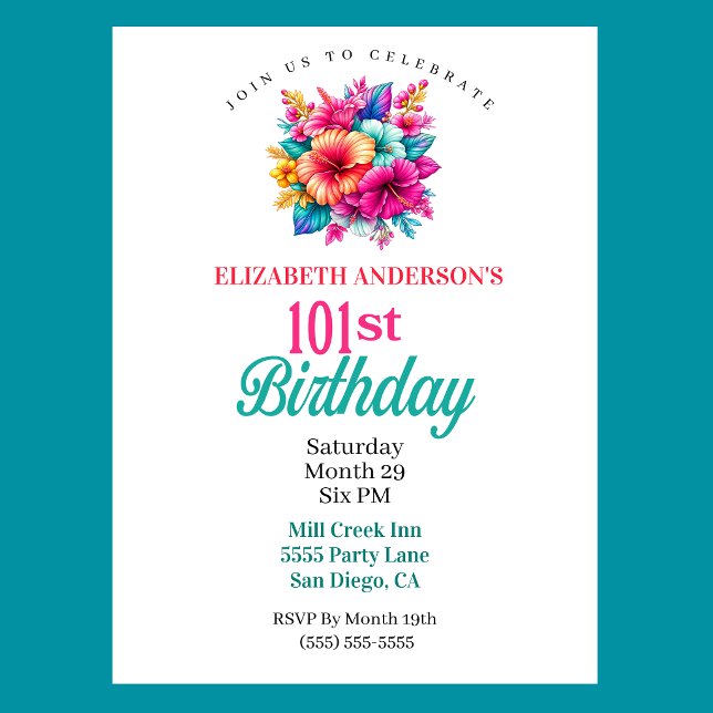 Convites Aniversário de 101 anos com Flores Tropicais (Tropical Flowers 101st Birthday Invitation For Women.)