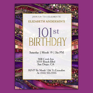 Convites Aniversário de 101 anos em Purple Gold Moderno com