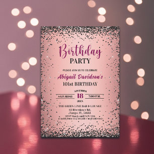Convites Aniversário de 101 anos Preto Glitter Metálico Ros
