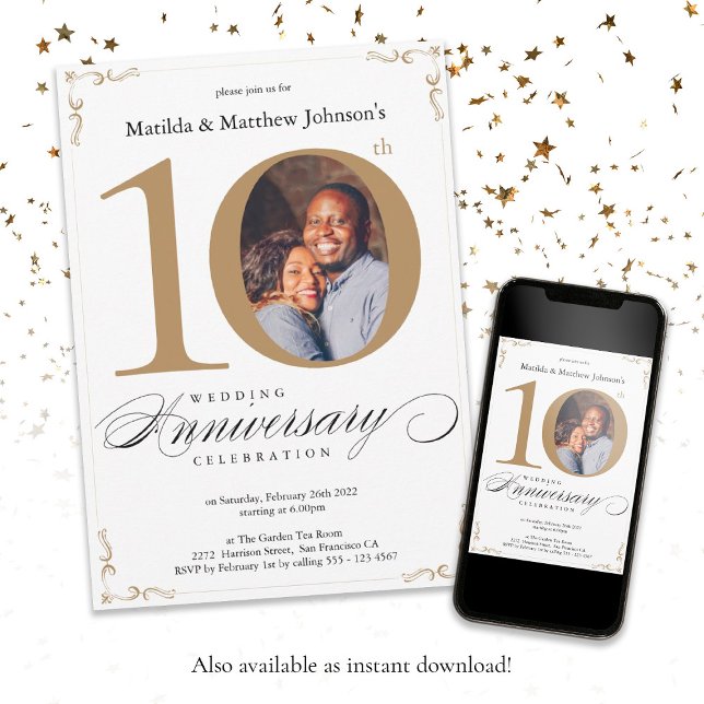 Convites Aniversário de 10 anos de Casamento com Caligrafia (10th Wedding Anniversary White Gold Calligraphy Invitation)