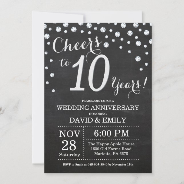 Convites Aniversário de 10 anos de Casamento Quadro Negro P (Frente)
