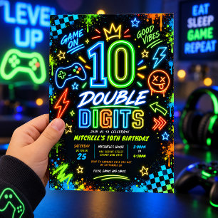 Convites Aniversário de 10 anos do menino Neon Video Game D