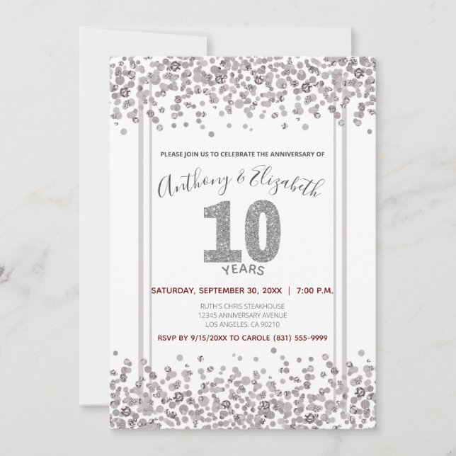 Convites Aniversário de 10 anos estilo Glitter Confete Prat (Frente)