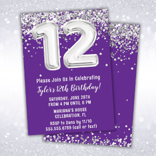 Convites Aniversário de 12 anos Roxo e Prata
