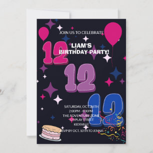 Convites Aniversário de 12 anos Vibrante   Confetes Rosa Az
