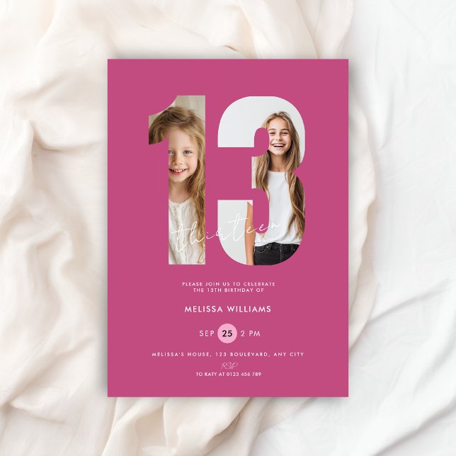 Convites Aniversário de 13 anos de meninas com foto rosa pe (13th birthday invitation with photo in pink color for girls)