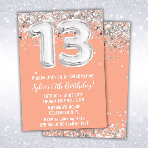 Convites Aniversário de 13 anos de Peach e prata