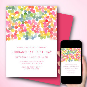 Convites Aniversário de 13 anos Pontos de Aquarela Moderna 