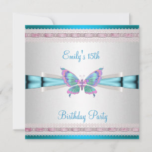 Convites Aniversário de 15 anos Borboleta Azul Teal Rosa Br