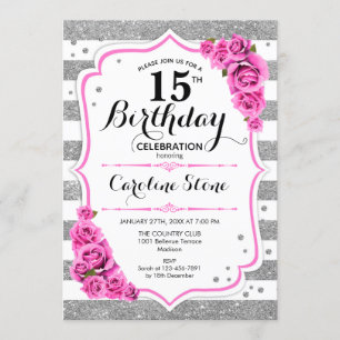 Convites Aniversário de 15 - Rosas Rosa-Rosa-Stripes Branca