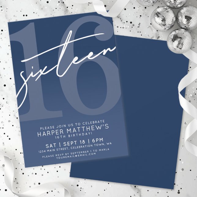 Convites Aniversário de 16 Anos Azul (Sixteen Blue 16th Birthday Invitation)