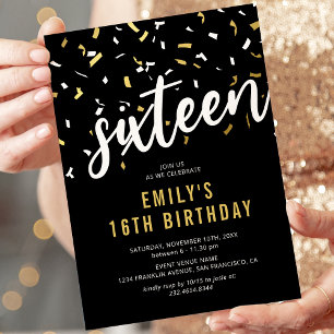 Convites Aniversário de 16 anos Black & Gold Sweet Sixteen