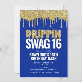 Convites Aniversário de 16 anos Blue and Gold Drippin Swag