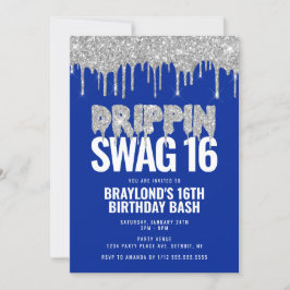 Convites Aniversário de 16 anos Blue and Silver Drippin Swa