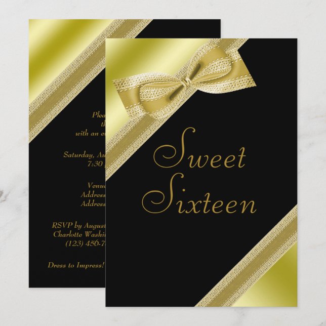 Convites Aniversário de 16 anos Classy Faux Bow & Ribbon (Frente/Verso)