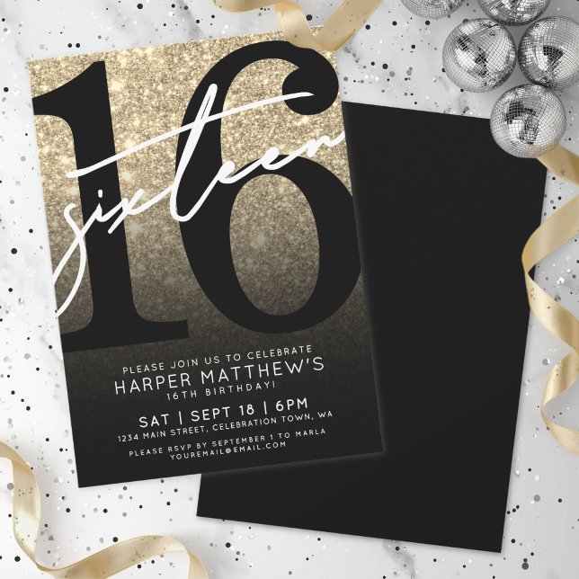 Convites Aniversário de 16 anos com Brilho Dourado (Gold Glitter 16th Birthday Invitation )