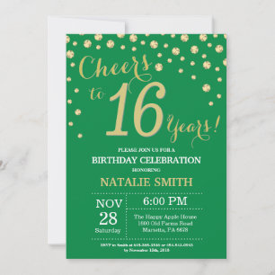 Convites Aniversário de 16 anos Diamante Verde e Dourado