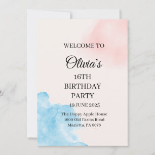 Convites Aniversário de 16 anos doce com aquarela rosa e az