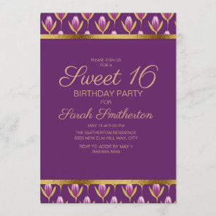 Convites Aniversário de 16 anos doce e elegante em roxo flo