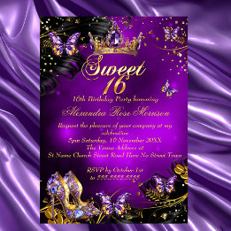 Convites Aniversário de 16 anos doce roxo Dourado Borboleta