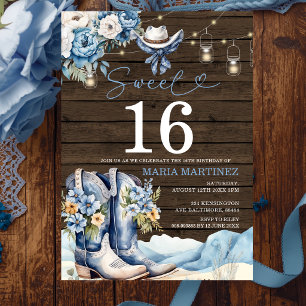 Convites Aniversário de 16 anos Floral Azul de Caubói Ocide