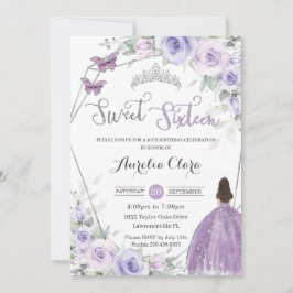 Convites Aniversário de 16 anos Floral Roxo Princesa Prata